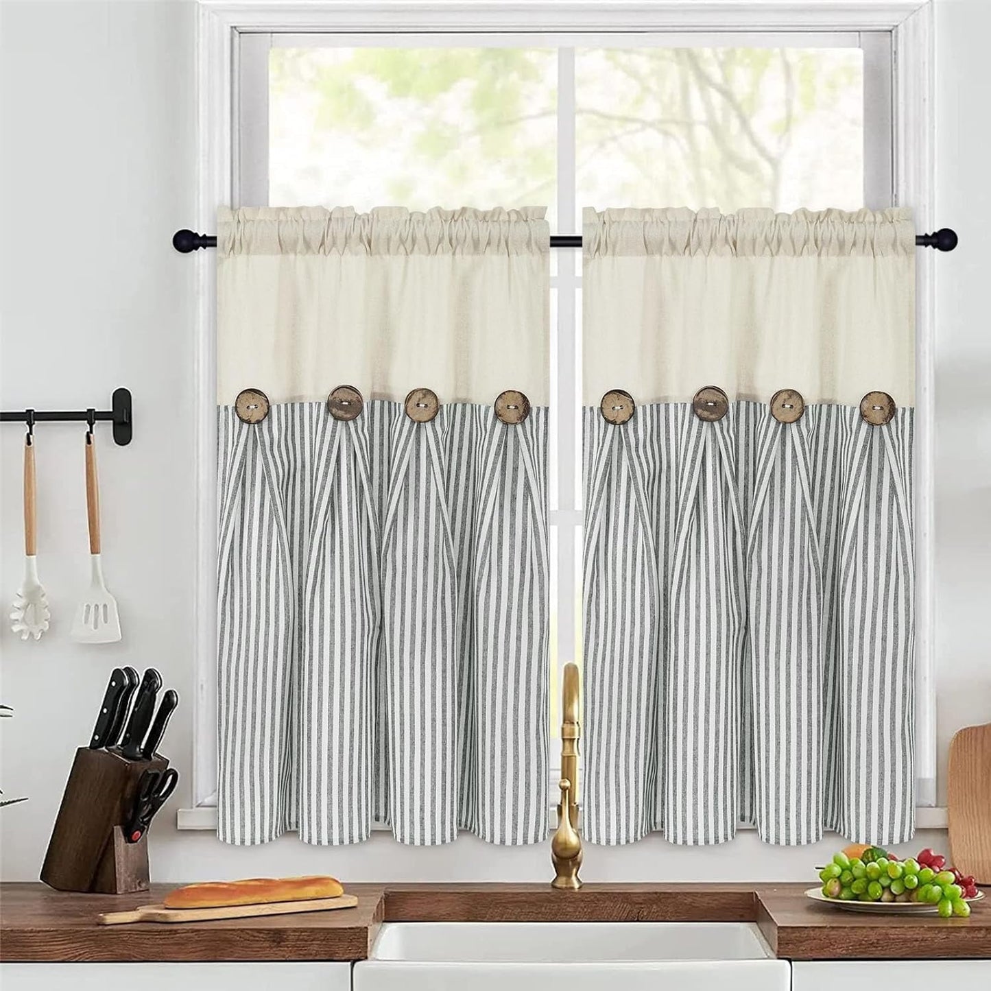 Alishomtll Stripe Kitchen Curtains 8 Button Linen Cotton Window Curtains Sets 36 Inches Long ,Rod Pocket
