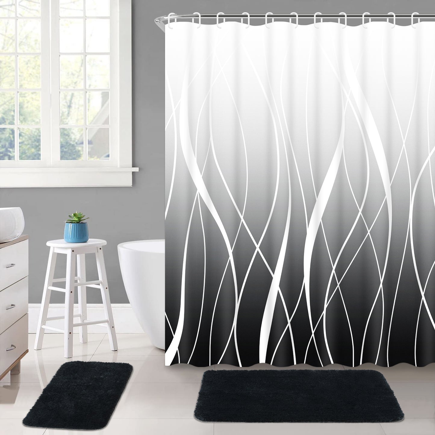 FRAMICS 15-Piece Ombre Black Shower Curtain Sets with Rugs, Waterproof Fabric Striped Gradient Bathroom Sets, 72" x 72"