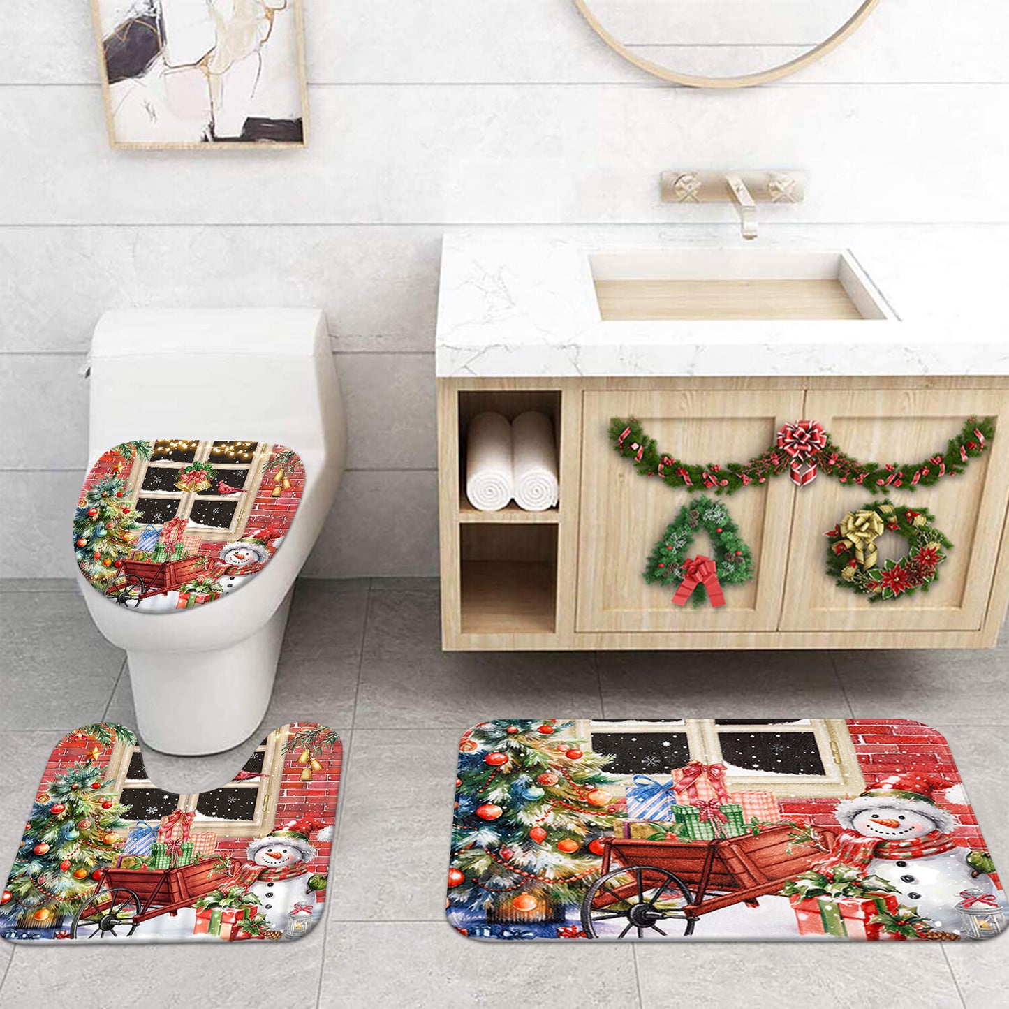 FRAMICS Merry Christmas Shower Curtain Sets with Rugs, Xmas Trees Snowman Bathroom Decor Sets, Red Vintage Farmhouse Waterproof Fabric Shower Curtain with 12 Hooks and Toilet Rugs