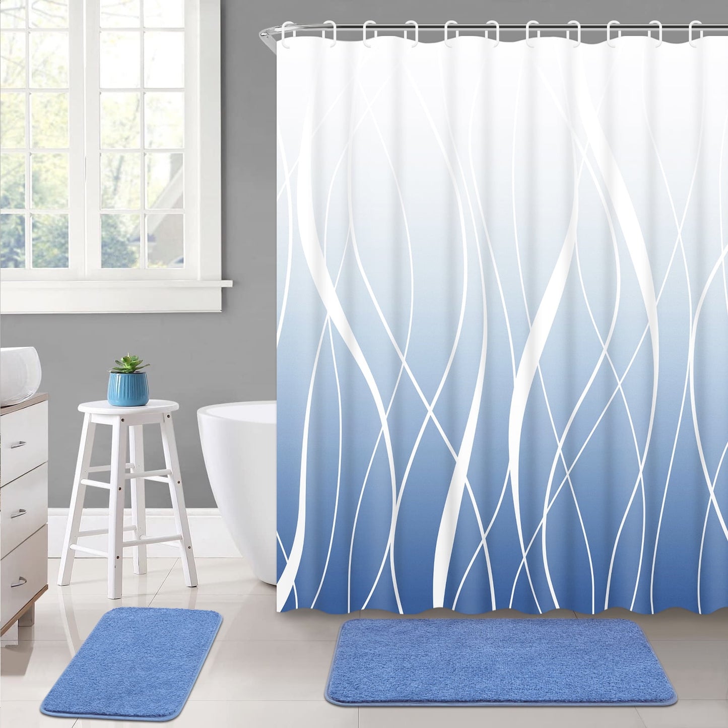 FRAMICS 15-Piece Ombre Blue Bathroom Sets with Shower Curtain and Rugs, Waterproof Fabric Striped Gradient Shower Curtain Sets, 72" x 72"