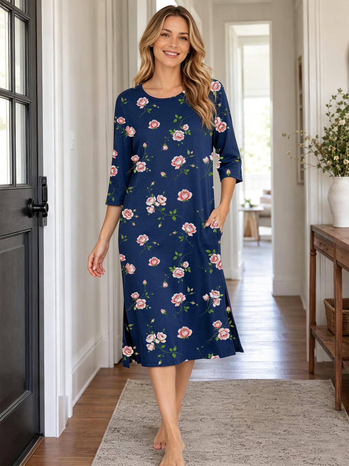 MecTo Sleepwear Cotton 3/4 Sleeve with Pocket, Nightgown (Women's)
