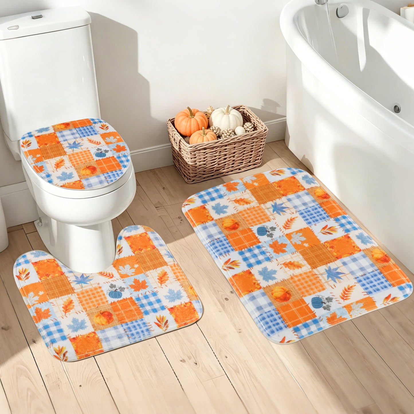 FRAMICS Thanksgiving Plaid Pumpkin Shower Curtain Sets with Rugs, 16-Piece Fall Leaves Bathroom Sets with Hooks, Waterproof Fabric Orange Blue Bathroom Decor Set