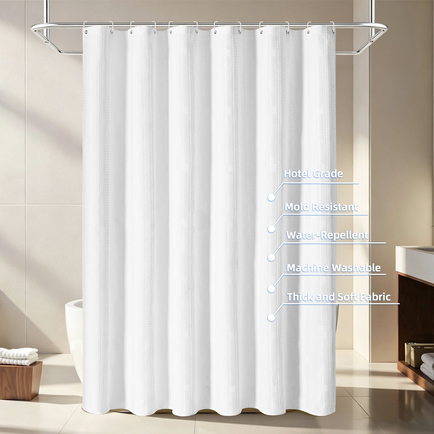 FRAMICS Waffle Shower Curtain Sets with Non-Slip Rug & 12 Hooks, Luxury Heavy Duty Waterproof Fabric Bathroom Sets, 72" x 72", White