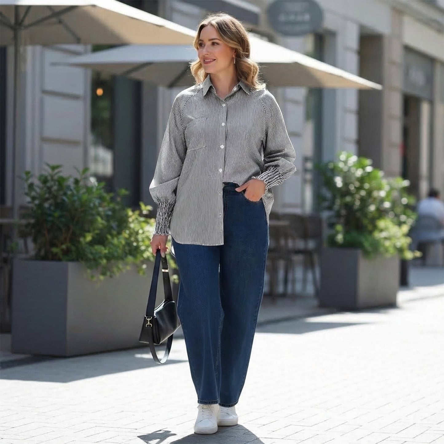Gingprous Womens Casual Striped Button Down Shirt Long Sleeve Smocked Cuffed Blouse with Pocket Oversized Boyfriend Fit Top