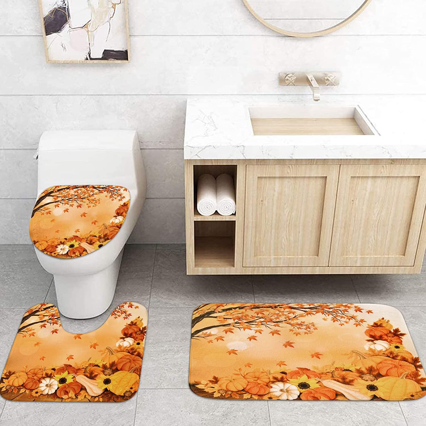 FRAMICS Thanksgiving Shower Curtain Set with Rugs, Orange Maple Leaf Pumpkin Pattern Bathroom Decor Set, Autumn Waterproof Fabric Shower Curtain with 12 Hooks and Toilet Rugs