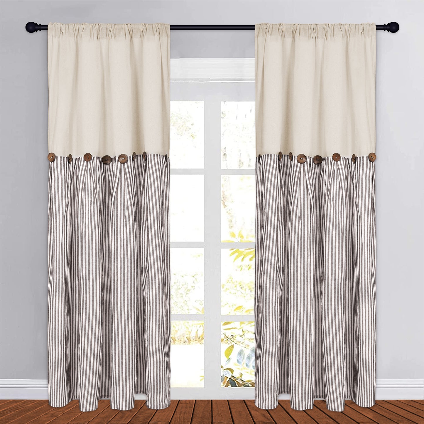 Alishomtll Farmhouse Curtains Natural Stripe Cotton Linen Button Boho Rustic Rod Pocket Back Tab Window Drapes for Living Room , 2 Panels