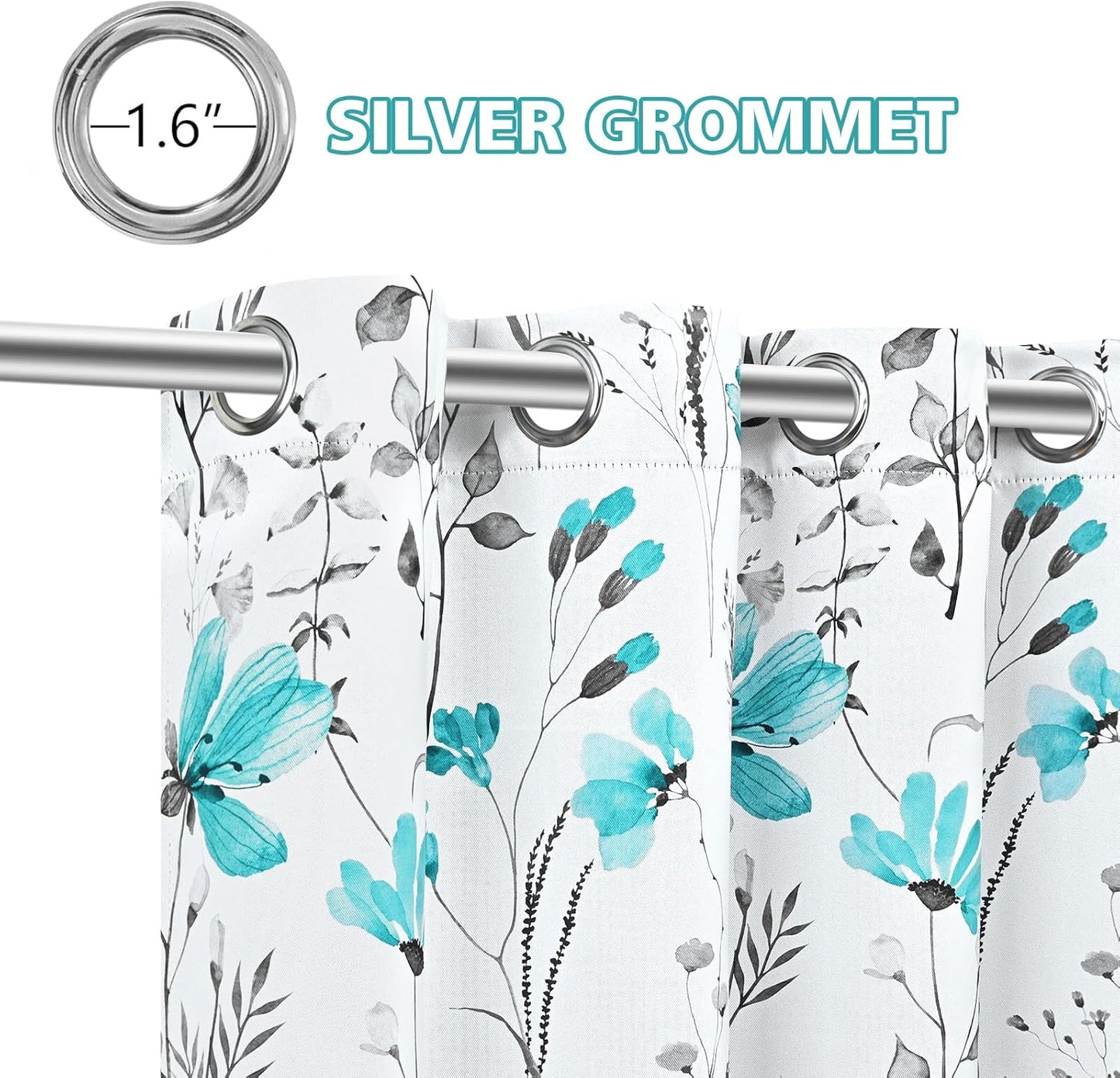 Alishomtll Teal Floral Blackout Curtains for Living Room Bedroom Energy Efficient Thermal Insulated Grommet Window Drapes, 52"x 63",Set of 2