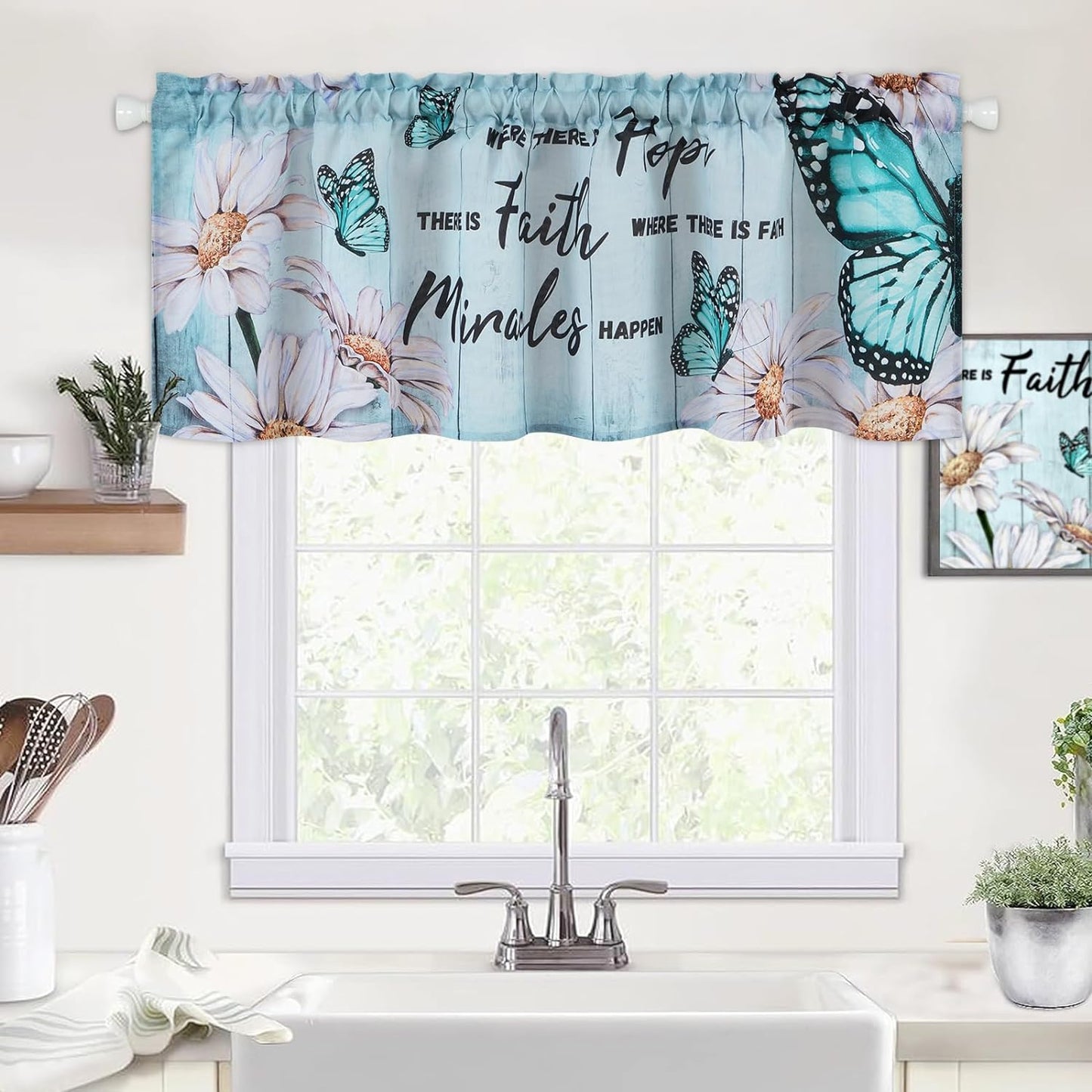 Alishomtll Valance Curtains Butterfly Floral Print Window Curtain Valance Rod Pocket, 52W" x 18L",Teal