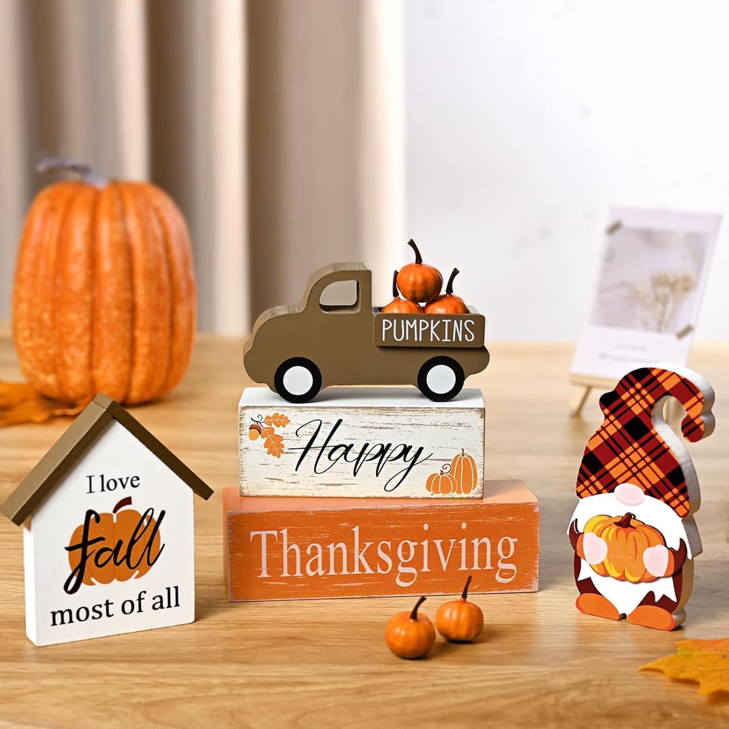 MecTo Thanksgiving Fall Truck Pumpkin Gnome Block Mantle Wooden Tabletop Farmhouse Decorations for Tiered Tray, Mantle, Desk, Bookshelf, Autumn Decor