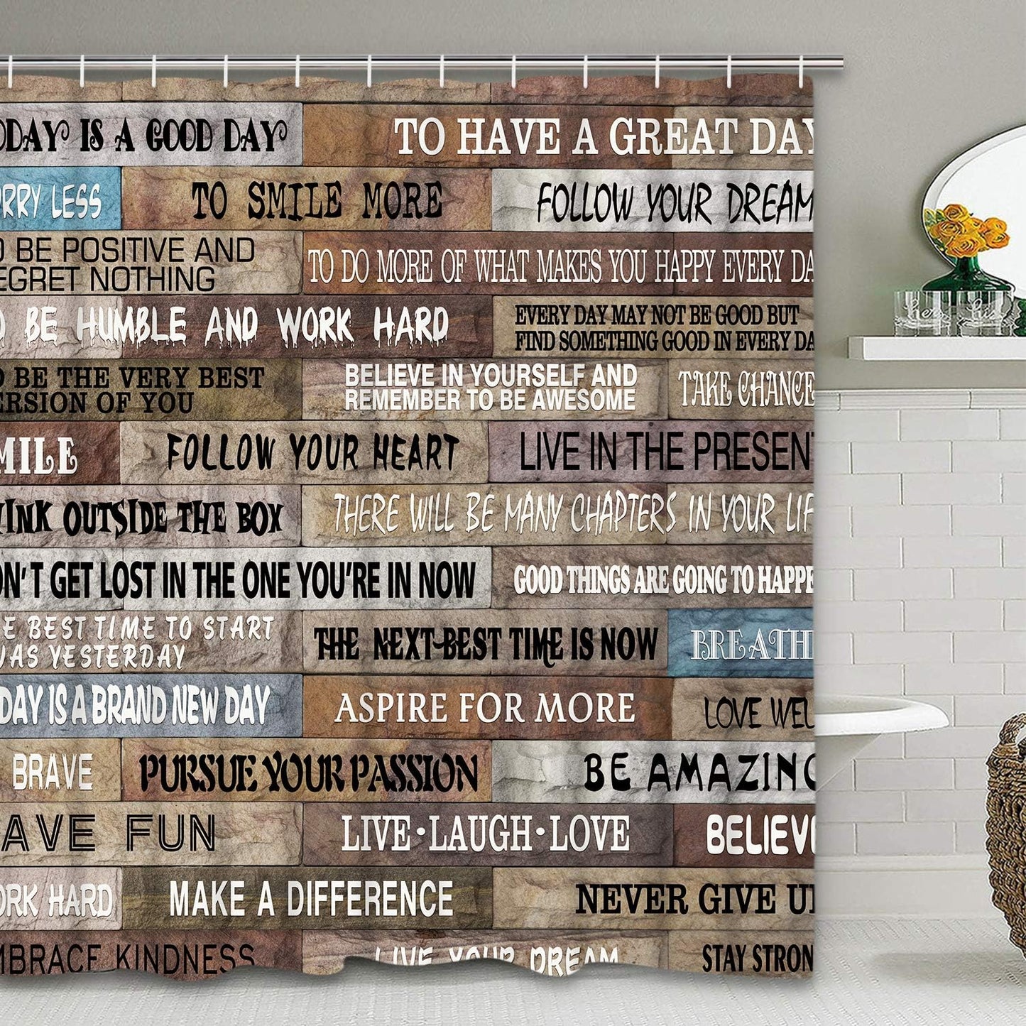 FRAMICS Brown Inspirational Quotes Shower Curtain and Rug Sets, 16 Pc Vintage Wooden Bathroom Decor Set, Waterproof Shower Curtain with 12 Hooks and Toilet Rugs