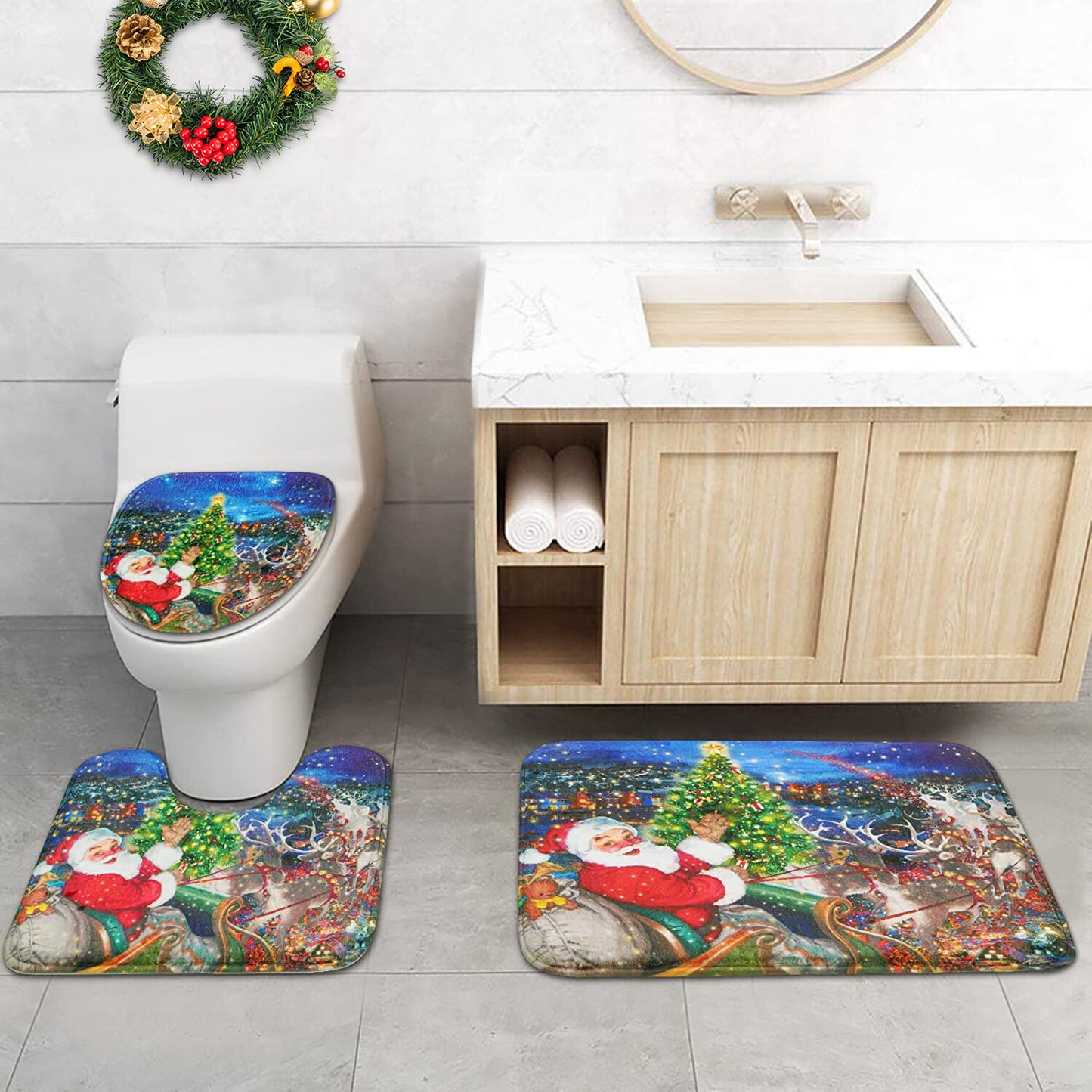 FRAMICS Christmas Shower Curtains and Bath Rug Set, Santa Reindeer Bathroom Decor Sets, Xmas Waterproof Fabric Shower Curtain with 12 Hooks and Toilet Rugs