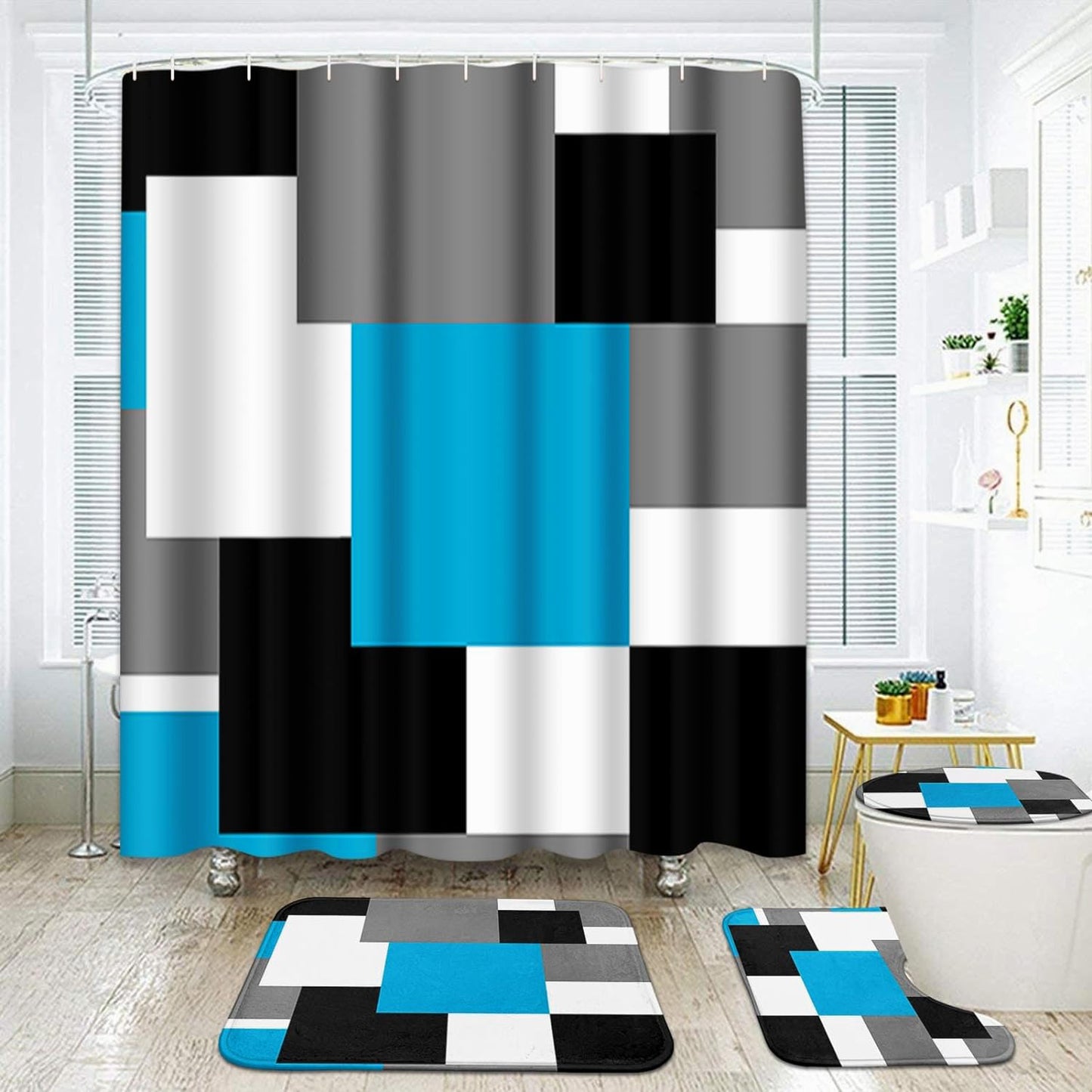 FRAMICS Blue Geometric Shower Curtain and Rug Sets, 16 Pc Black Grey Modern Abstract Bathroom Sets, Waterproof Fabric Shower Curtain with 12 Hooks and Toilet Rugs
