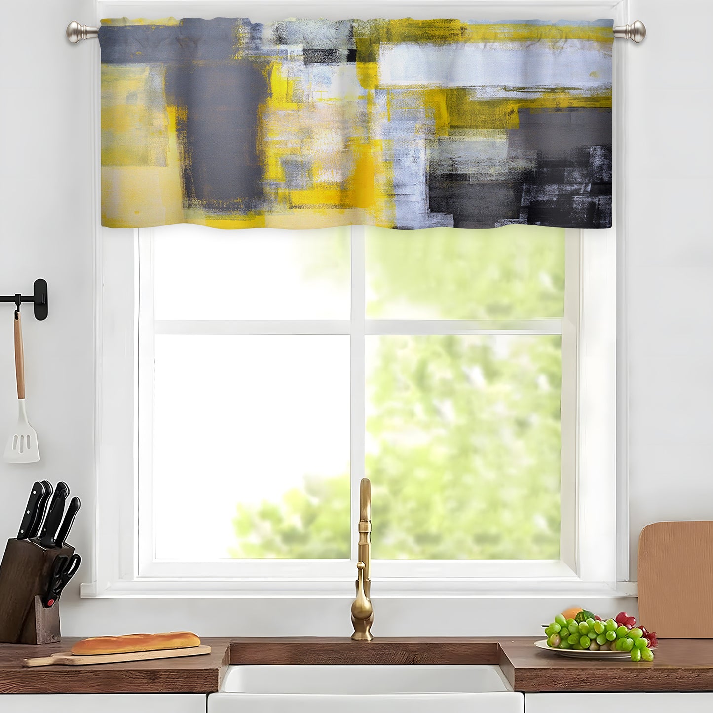 Alishomtll Curtain Valances for Kitchen Living Room Bedroom Grey Yellow Rod Pocket Valance ,54 x 18 inch