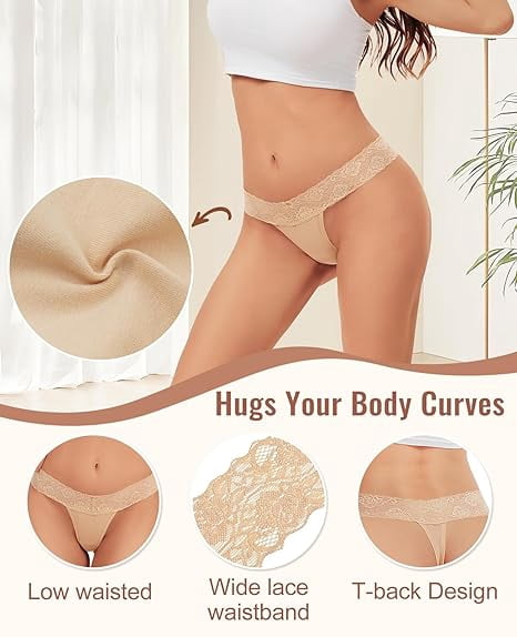 Sunm Boutique Stay-Put Lace Thongs for Women, 12-Pack Low Rise No Show Breathabl