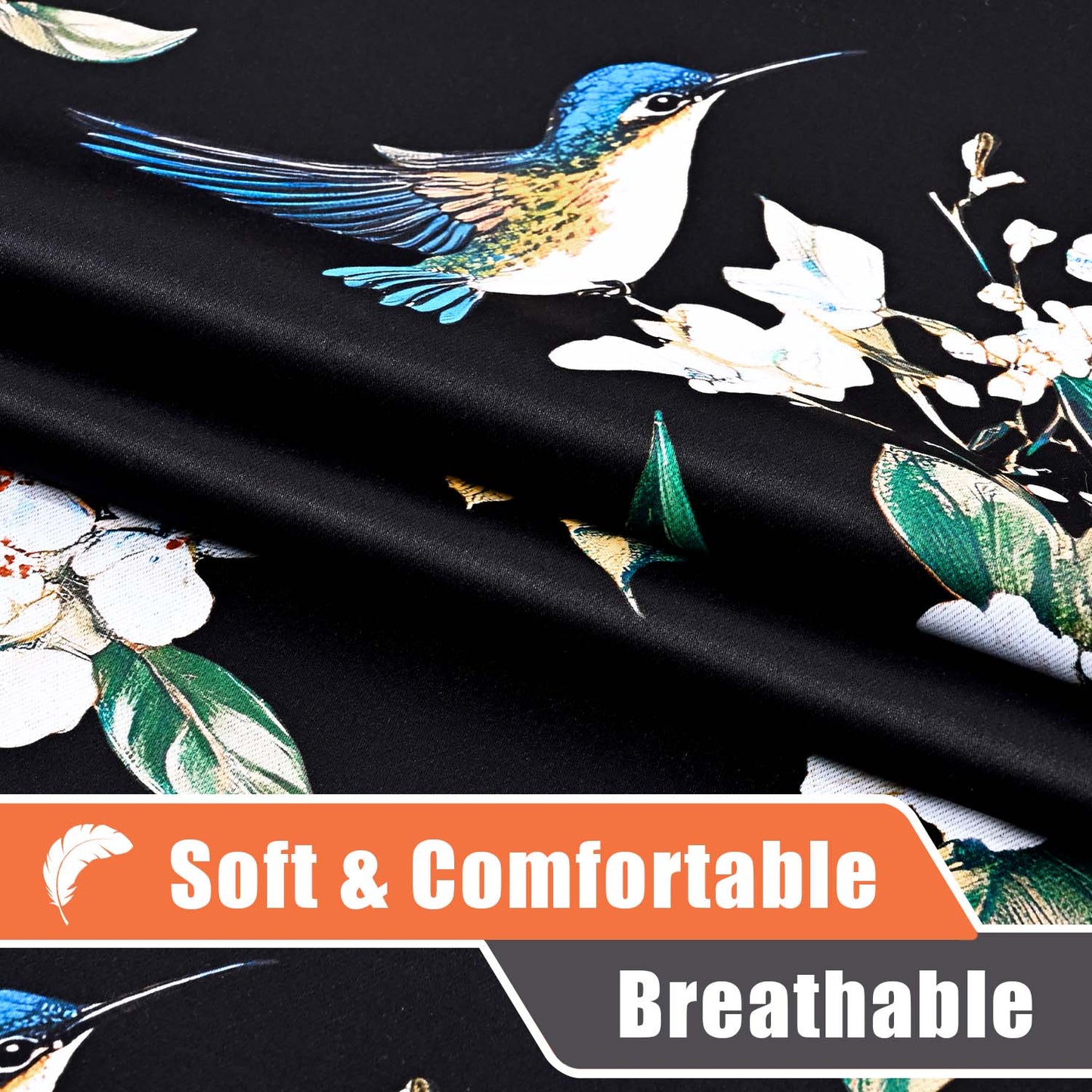 Alishomtll Floral Lemon Hummingbird Blackout Curtains Room Darkening Grommet Window Drapes for Living Room , 52" x84", ,Set of 2 Panels,Black