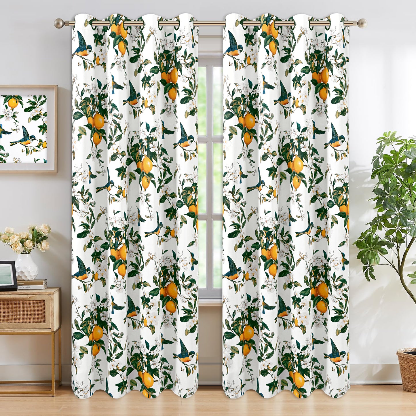 Alishomtll Floral Lemon Hummingbird Blackout Curtains Room Darkening Grommet Window Drapes for Living Room , 52"x84", ,Set of 2 Panels,White