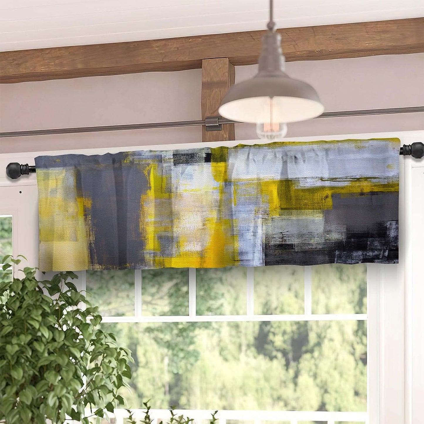 Alishomtll Kitchen Curtains and Valances Sets Grey Yellow Rod Pocket Kitchen Curtains 3 Piece Set 36 Inches Long