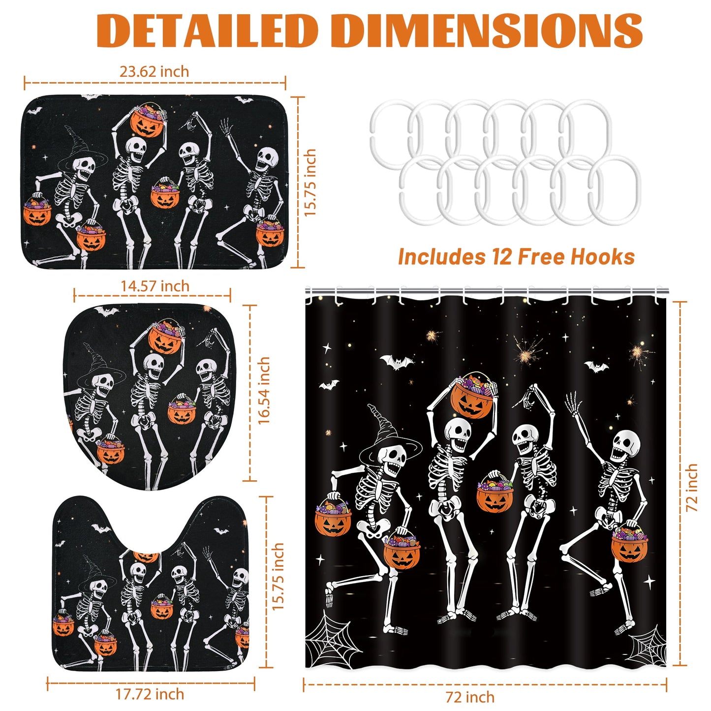 FRAMICS Halloween Skull Shower Curtain Sets with Rugs, 16-Piece Funny Skeleton Pumpkin Bathroom Sets with Hooks, Waterproof Fabric 72" x 72"