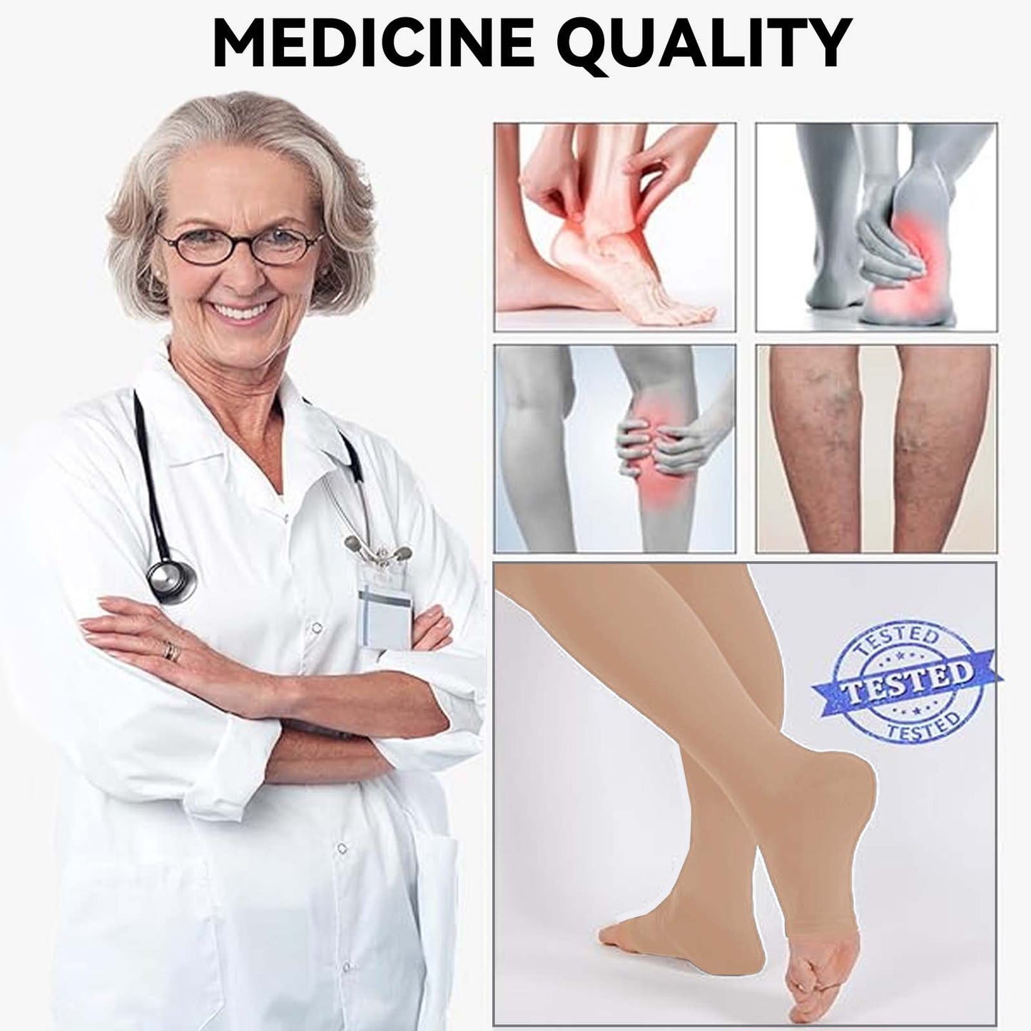 MARTINE MALL 2 Pair Knee High Graduated Compression Stockings 20-30 mmhg Open Toe Compression Socks for Women and Men(Beige+Black)