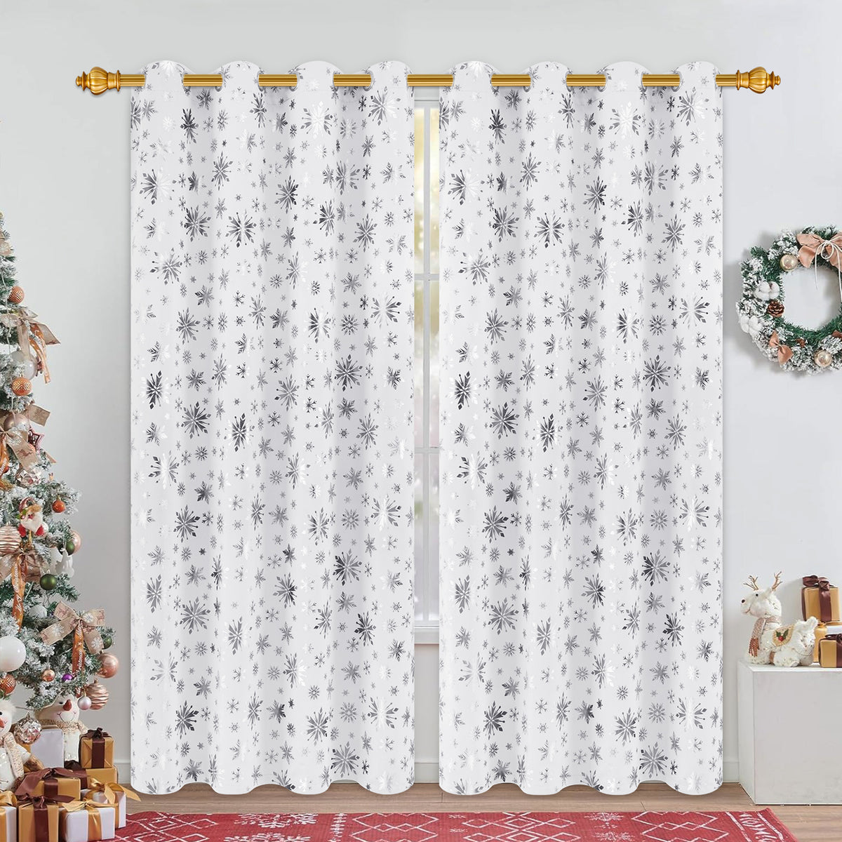 Alishomtll Red Christmas Curtains for Living Room Blackout Golden Snowflake Foil Pattern Room Darkening Window Drapes Holiday Xmas Decor, 52" x 84"L, Set of 2 Panels