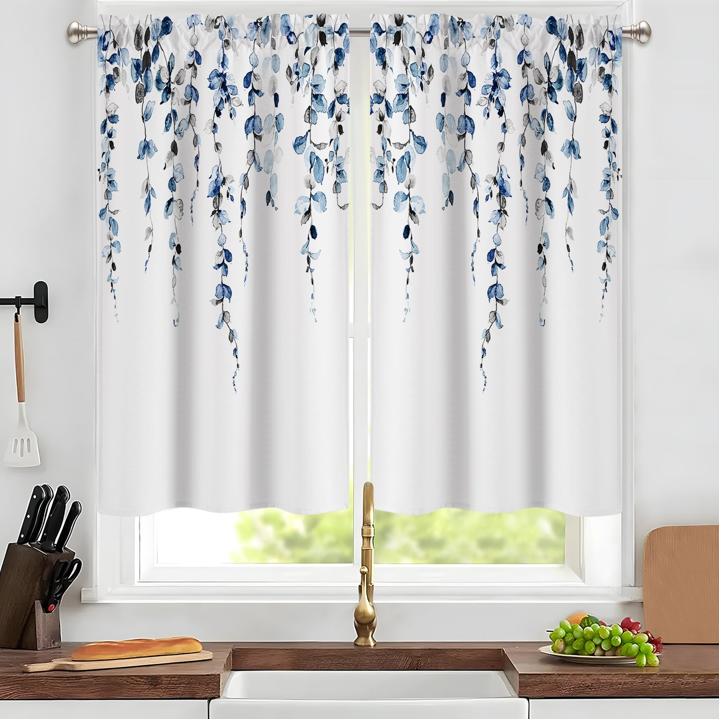 Alishomtll Kitchen Curtains Grey Blue Watercolor Leaves Print Tier Windows Drapes Sets 36 Inch ,Rod Pocket