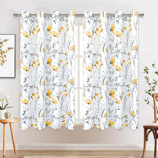 Alishomtll Yellow Floral Blackout Curtains for Living Room Bedroom Energy Efficient Thermal Insulated Grommet Window Drapes, 52"x 63",Set of 2