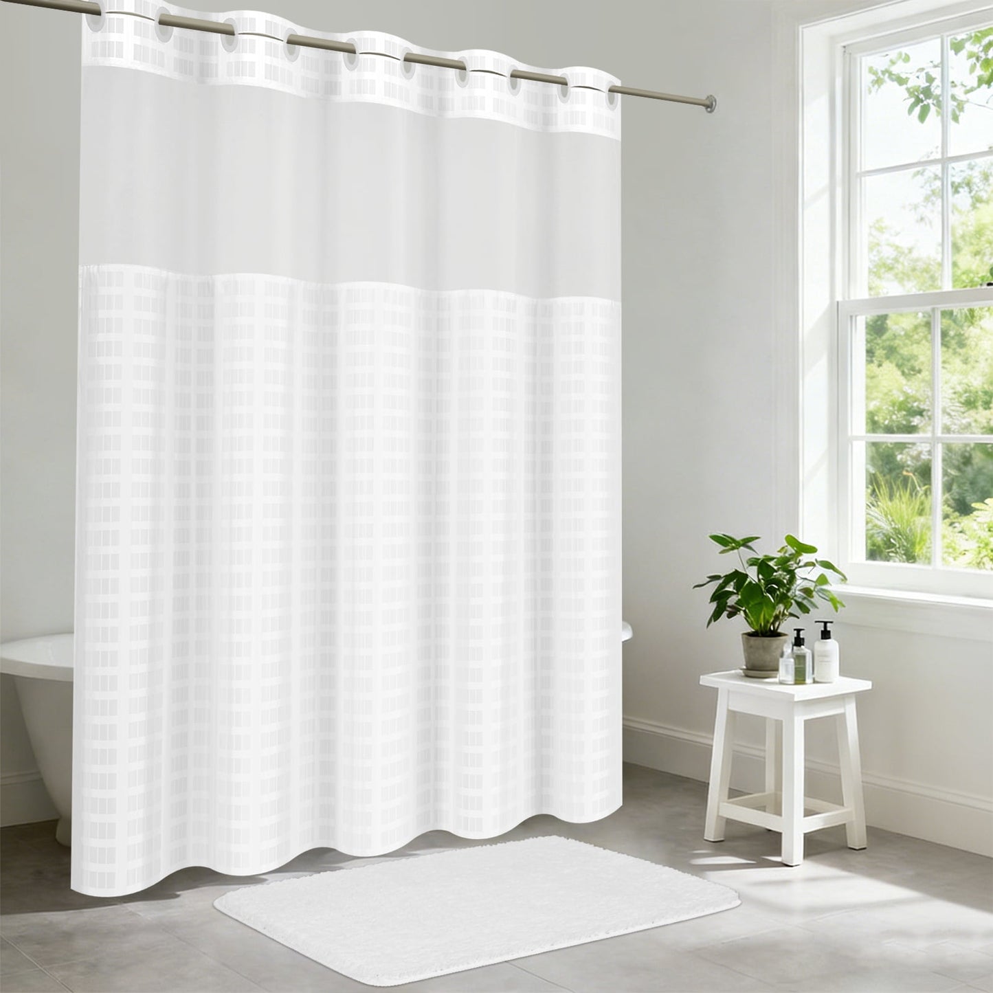 FRAMICS No Hook Shower Curtain Sets with Rug, Checkered Textured Waterproof Fabric Bathroom Sets with with Mesh Top Window, Hotel Grade, White, 70.9" x 74.8"