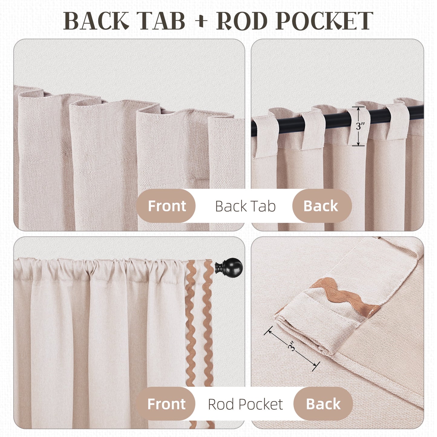 Alishomtll Natural Linen Scalloped Rod Pocket Back Tab Blackout Curtains for Bedroom,Pack of 2,52"x 63"