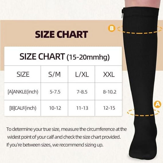 2 Pairs Wukang Zipper Compression Socks for Women & Men, 15-20 mmHg Closed Toe Compression Stocking with Zipper (Black+Beige)