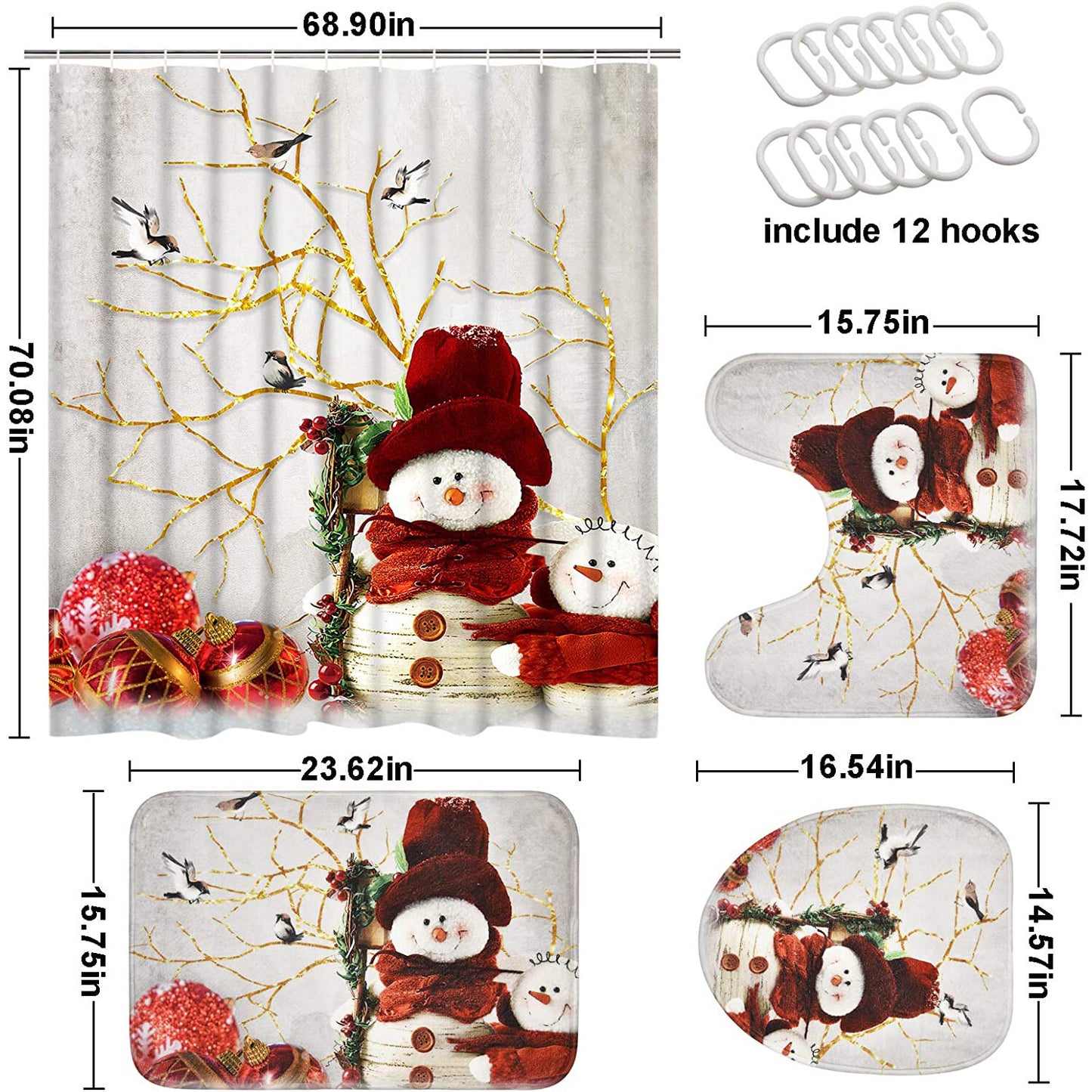FRAMICS Christmas Shower Curtains and Bath Rug Set, Winter Snowman Bathroom Decor Sets, Xmas Waterproof Fabric Shower Curtain with 12 Hooks and Toilet Rugs