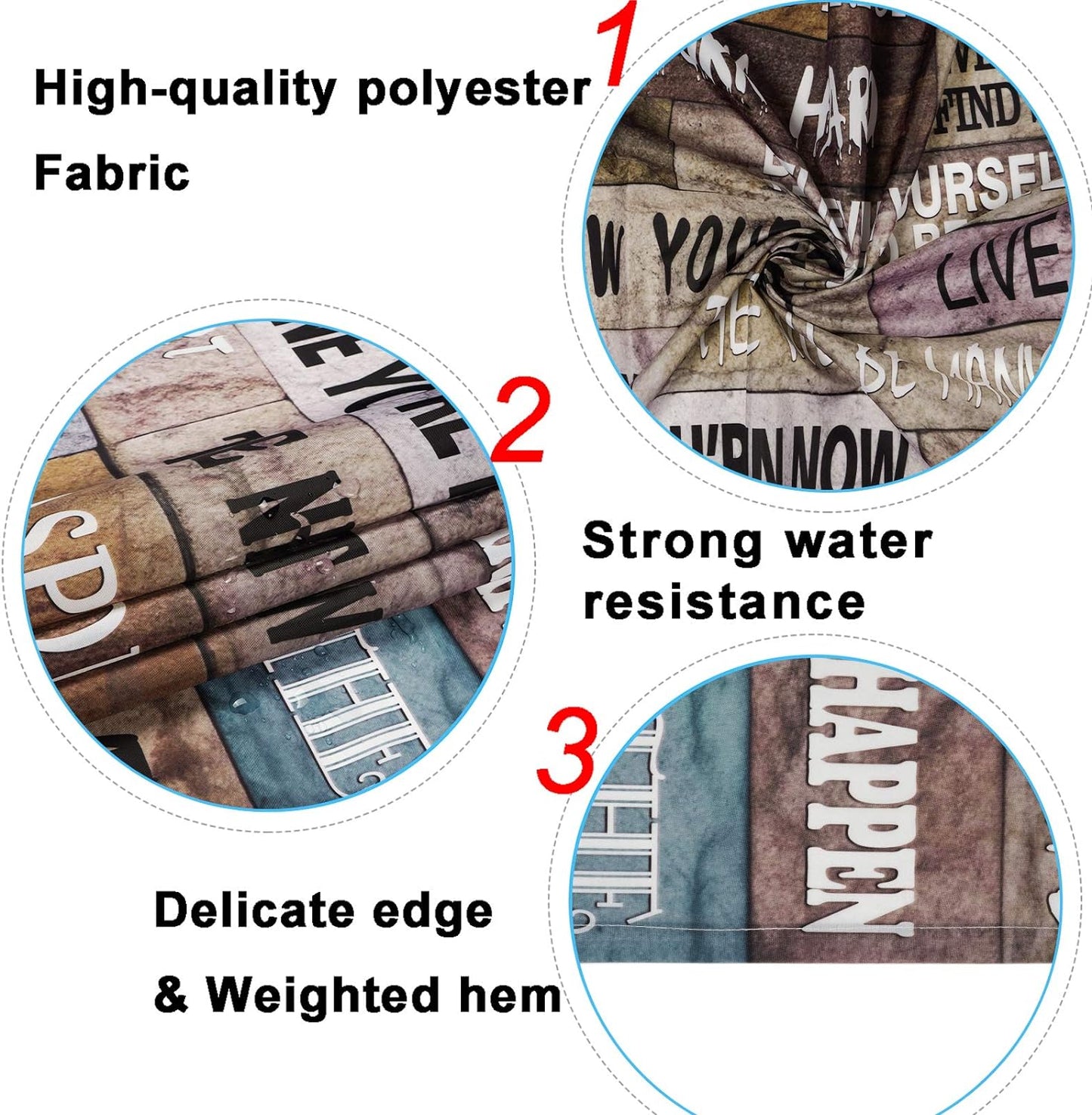 FRAMICS Brown Inspirational Quotes Shower Curtain and Rug Sets, 16 Pc Vintage Wooden Bathroom Decor Set, Waterproof Shower Curtain with 12 Hooks and Toilet Rugs