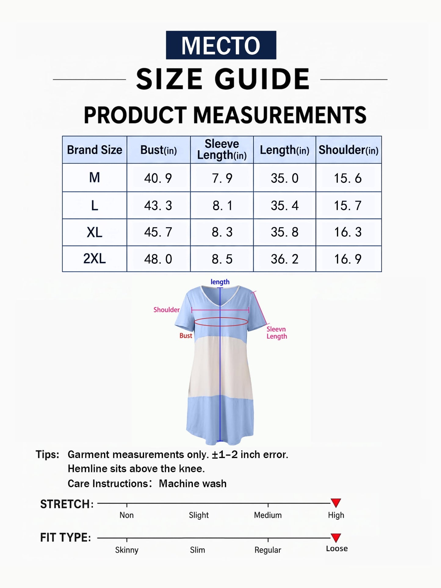 MecTo Women's Nightgown Cotton Blend Stretchy Loose Short Sleeve V-Neck Color Block Sleepwear
