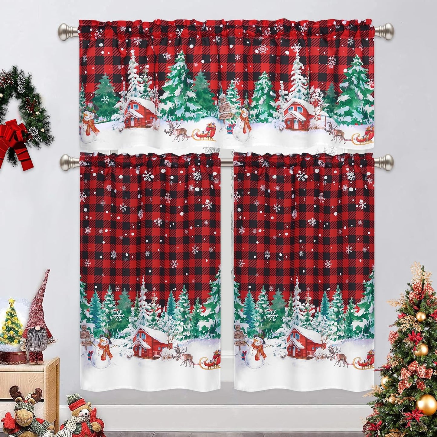 Alishomtll Snowman Christmas Kitchen Curtain Buffalo Plaid Short Curtain Tier for Window  ,Rod Pocket,36 inches long