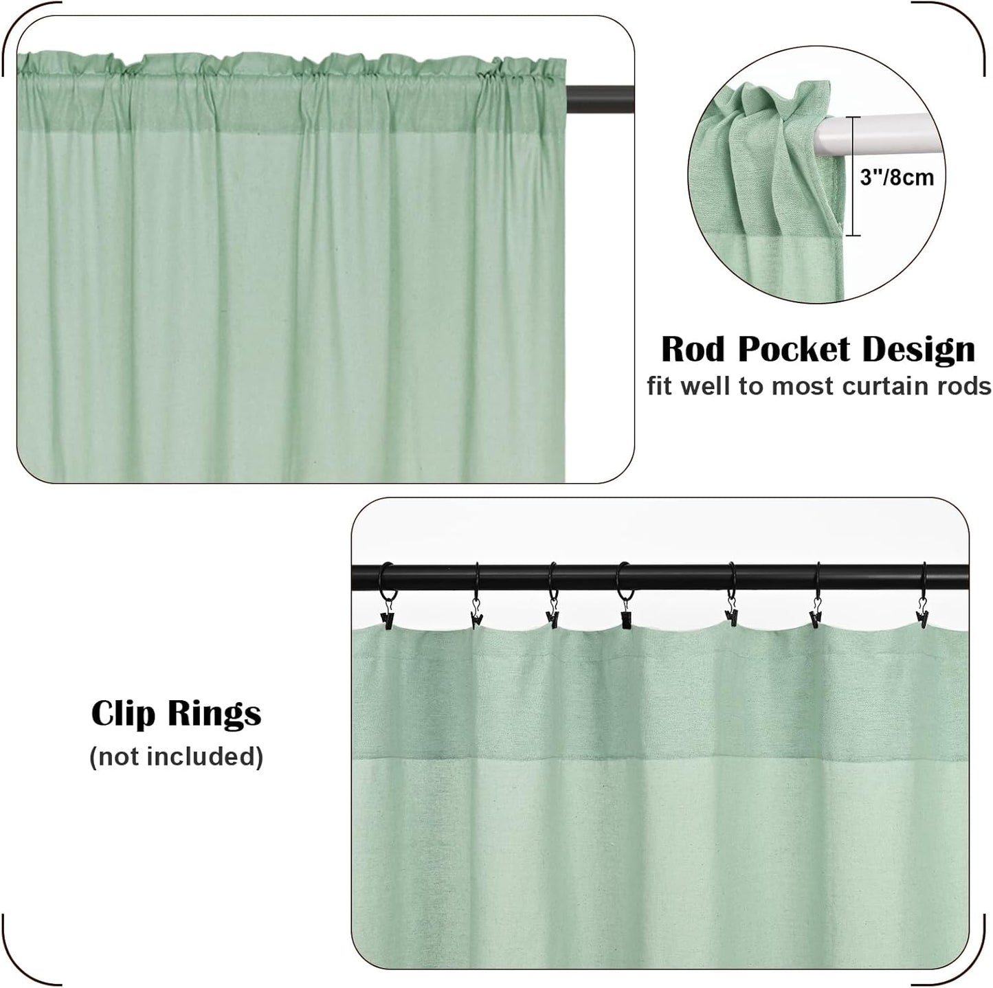 Alishomtll Linen Curtains Farmhouse Boho Button Light Filtering Window Drapes For Living Room Bedroom,Rod Pocket,63"L x 52"W, 2 Panel,Teal White