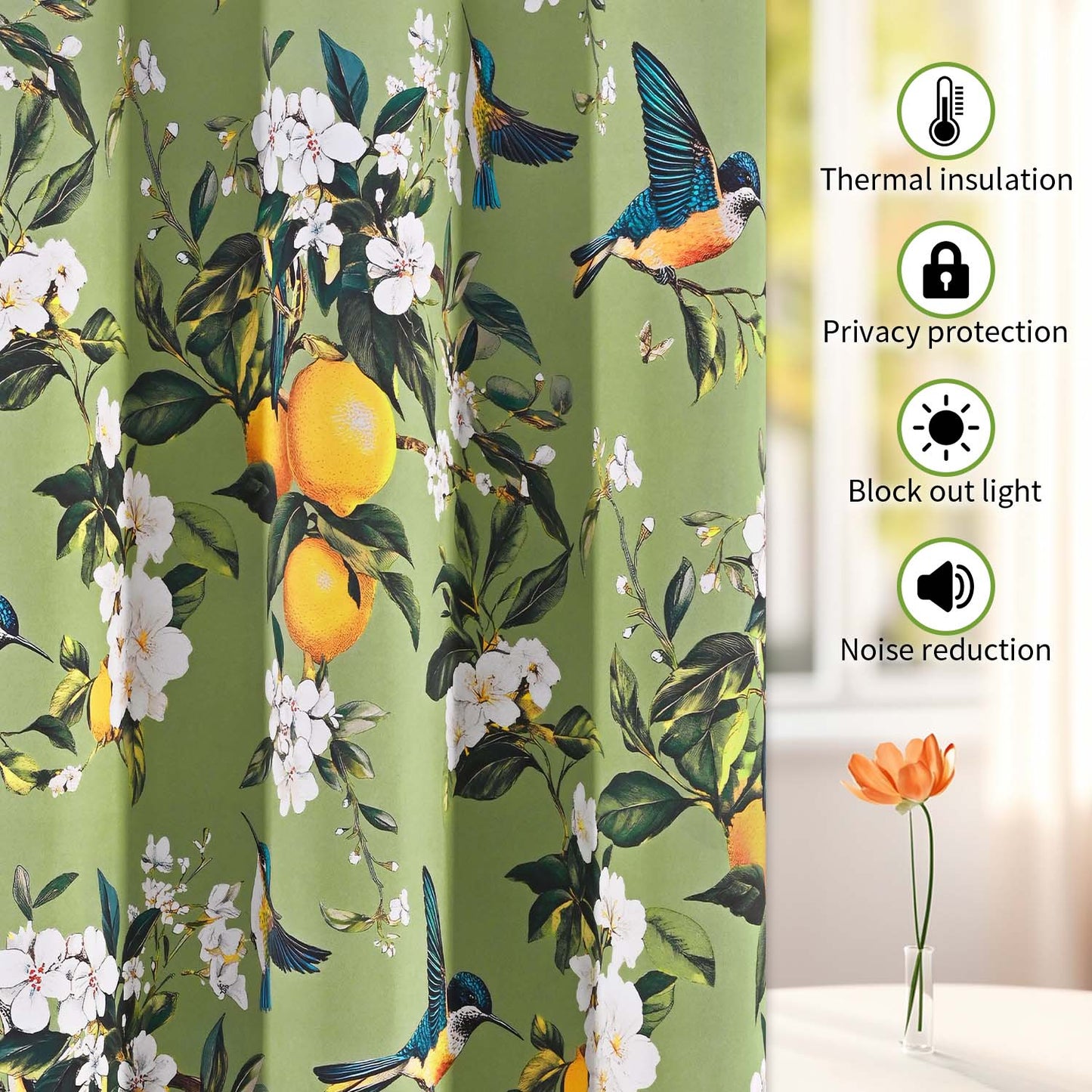 Alishomtll Floral Lemon Hummingbird Blackout Curtains Room Darkening Grommet Window Drapes for Living Room , 52" x63", ,Set of 2 Panels,Sage Green