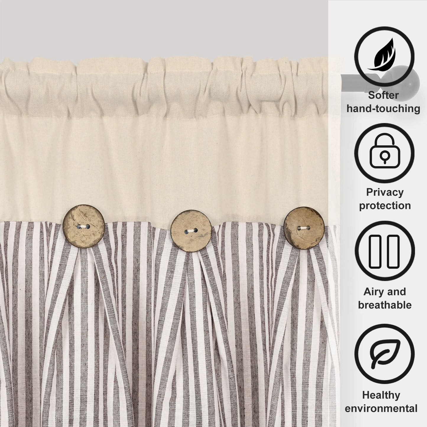 Alishomtll Stripe Kitchen Curtains 8 Button Linen Cotton Window Curtains Sets 24 Inches Long ,Rod Pocket