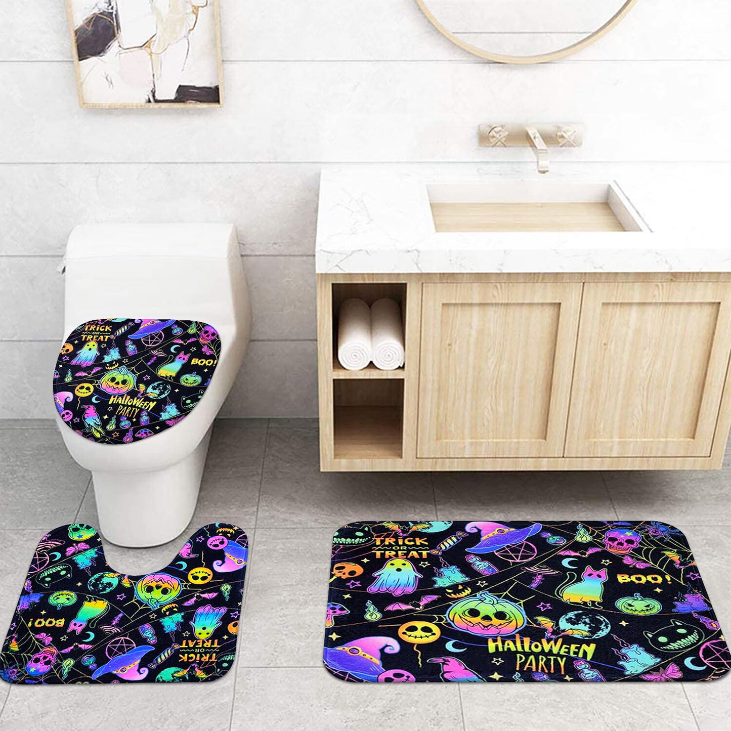 FRAMICS Halloween Blacklight Shower Curtain Sets with Rugs, 16 Pc Colorful Pumpkin Ghost Bathroom Sets, Waterproof Fabric Bathroom Curtain Decor with Hooks