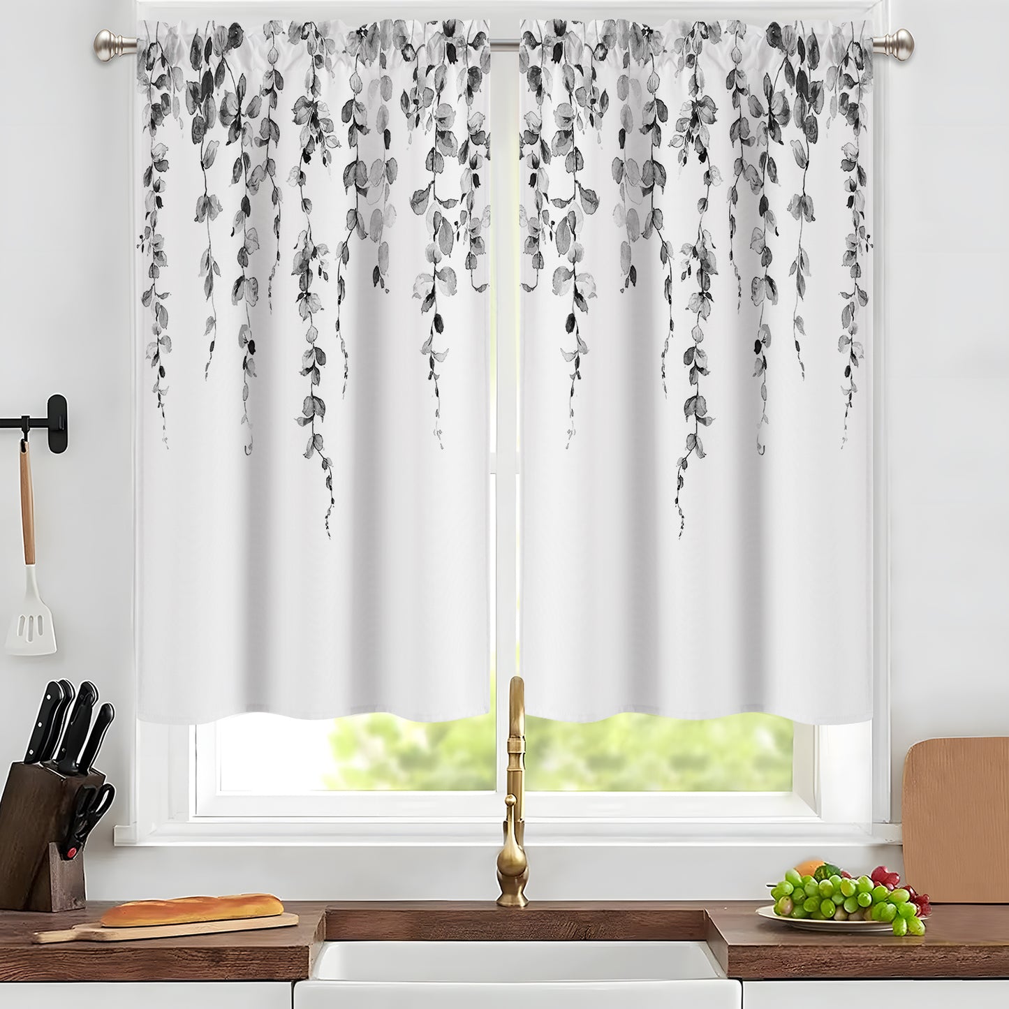 Alishomtll Kitchen Curtains Grey Watercolor Leaves Print Tier Windows Drapes Sets 36 Inch ,Rod Pocket