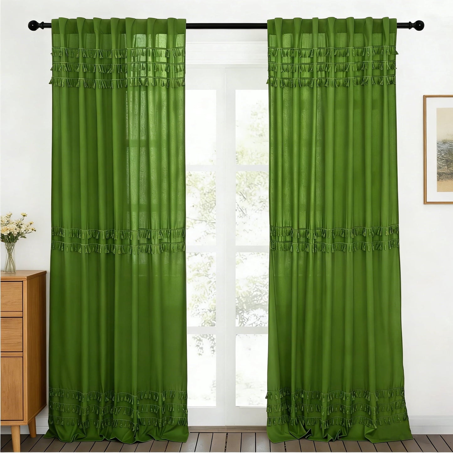Alishomtll Boho Curtains for Living Room Semi Blackout Curtains with 8 Tassel Window Drapes Back Tab ,Green，52"Wx84"L，2 Panels
