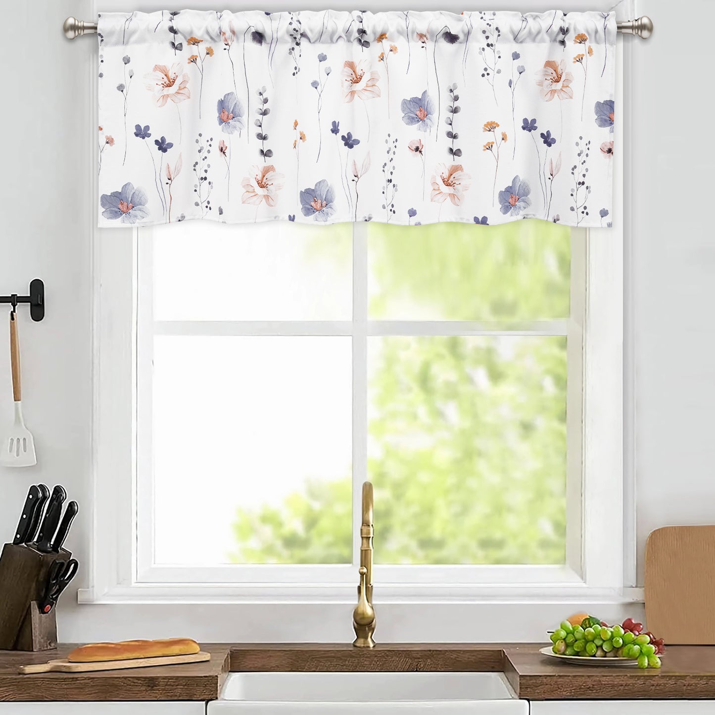 Alishomtll Floral Valance Curtains Kitchen Blue Wildflower Flower Leaf Windows Drapes,52 x 18 inch,Rod Pocket