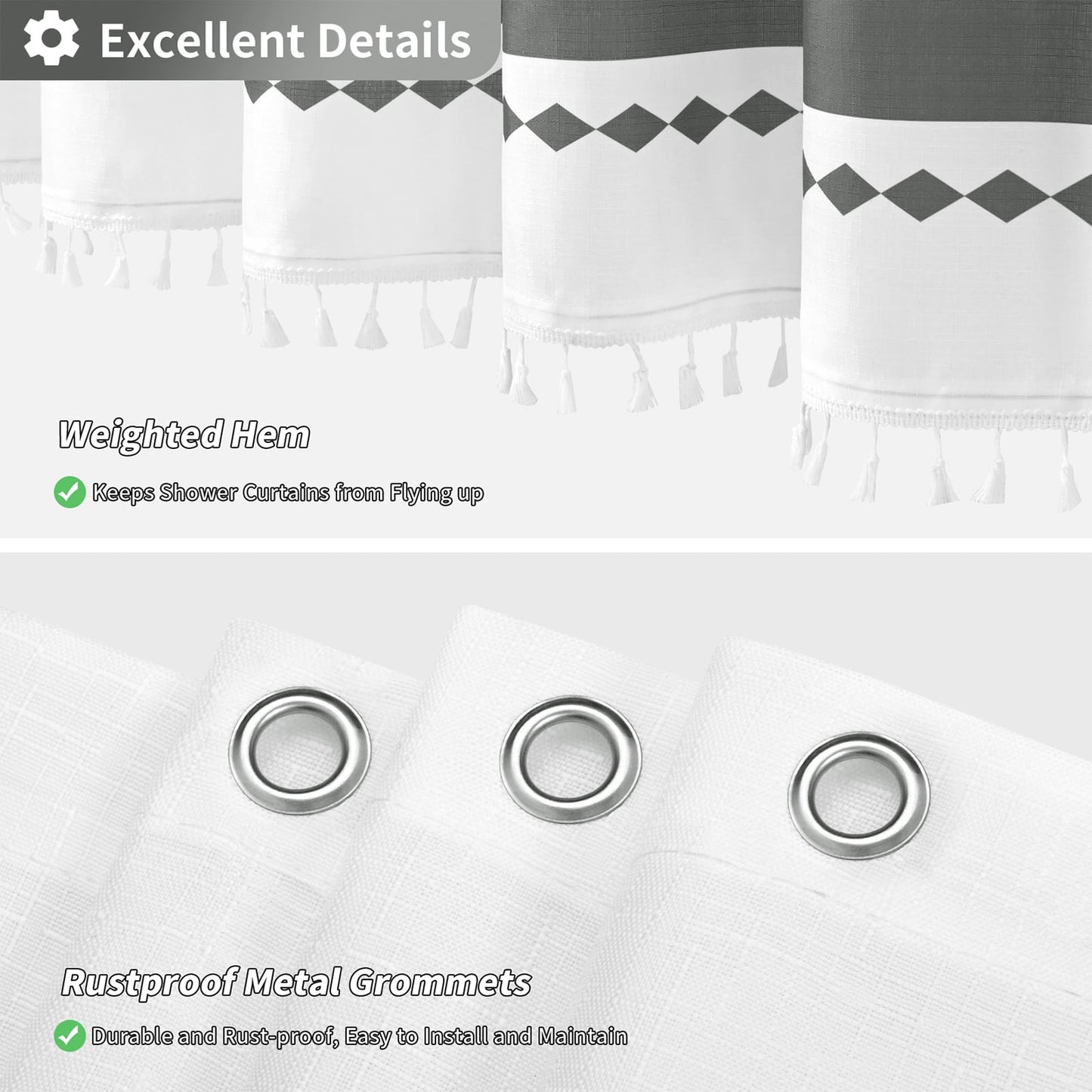 FRAMICS Striped Tassel Shower Curtain Sets with Bath Rug, Boho Farmhouse Water-Repellent Fabric Bathroom Sets with Hooks, Slub Textured Design, 72" x 72", Gray