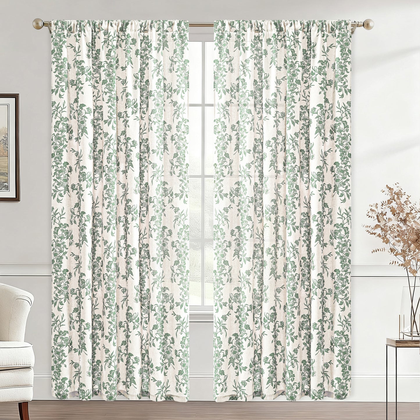 Alishomtll Floral Curtains for Living Room Farmhouse Country Linen Curtains Light Filtering Window Drapes,Sage Green ,52"x84", 2 Panels