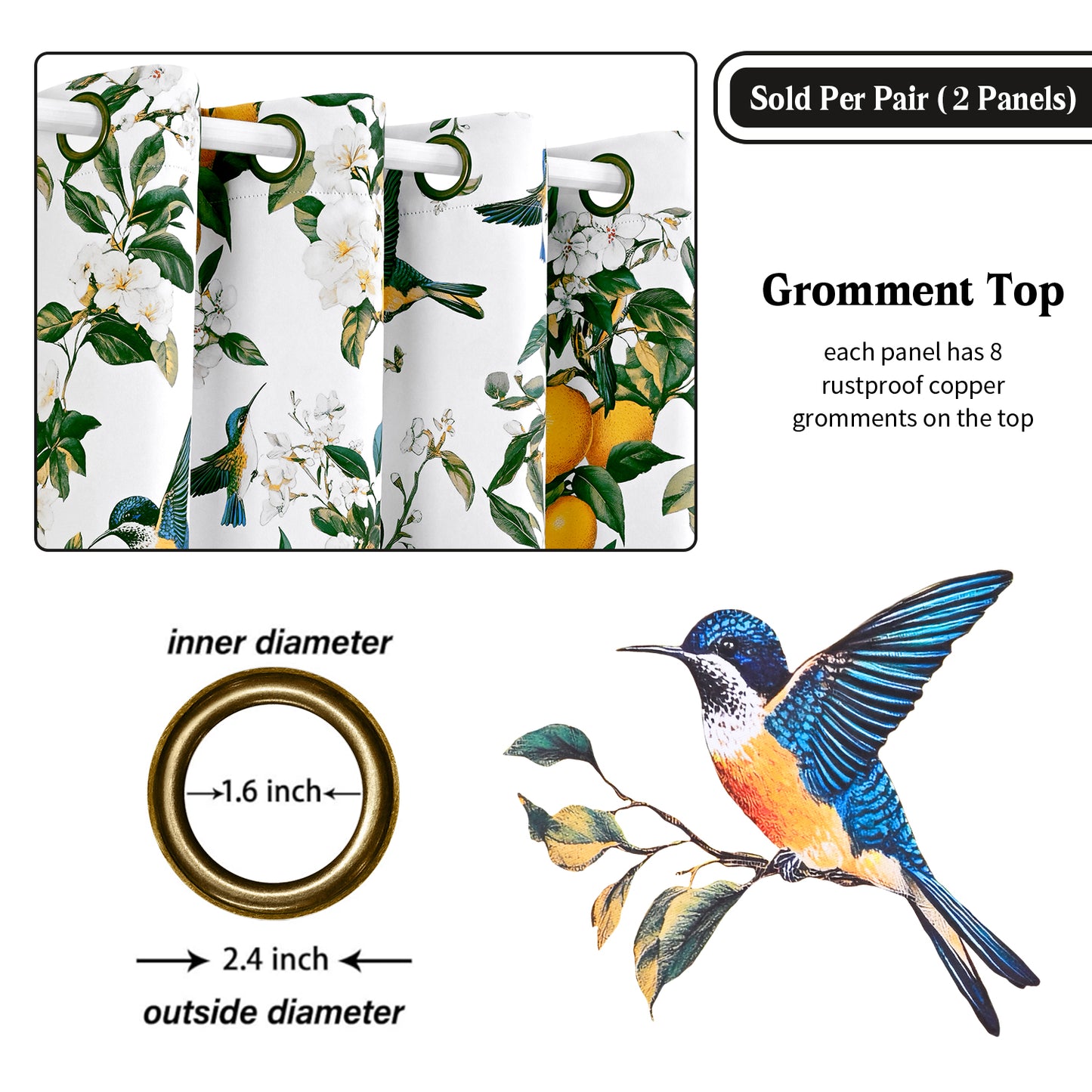 Alishomtll Floral Lemon Hummingbird Blackout Curtains Room Darkening Grommet Window Drapes for Living Room , 52"x84", ,Set of 2 Panels,White