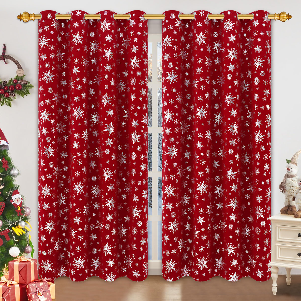 Alishomtll Red Christmas Curtains for Living Room Blackout Golden Snowflake Foil Pattern Room Darkening Window Drapes Holiday Xmas Decor, 52" x 84"L, Set of 2 Panels