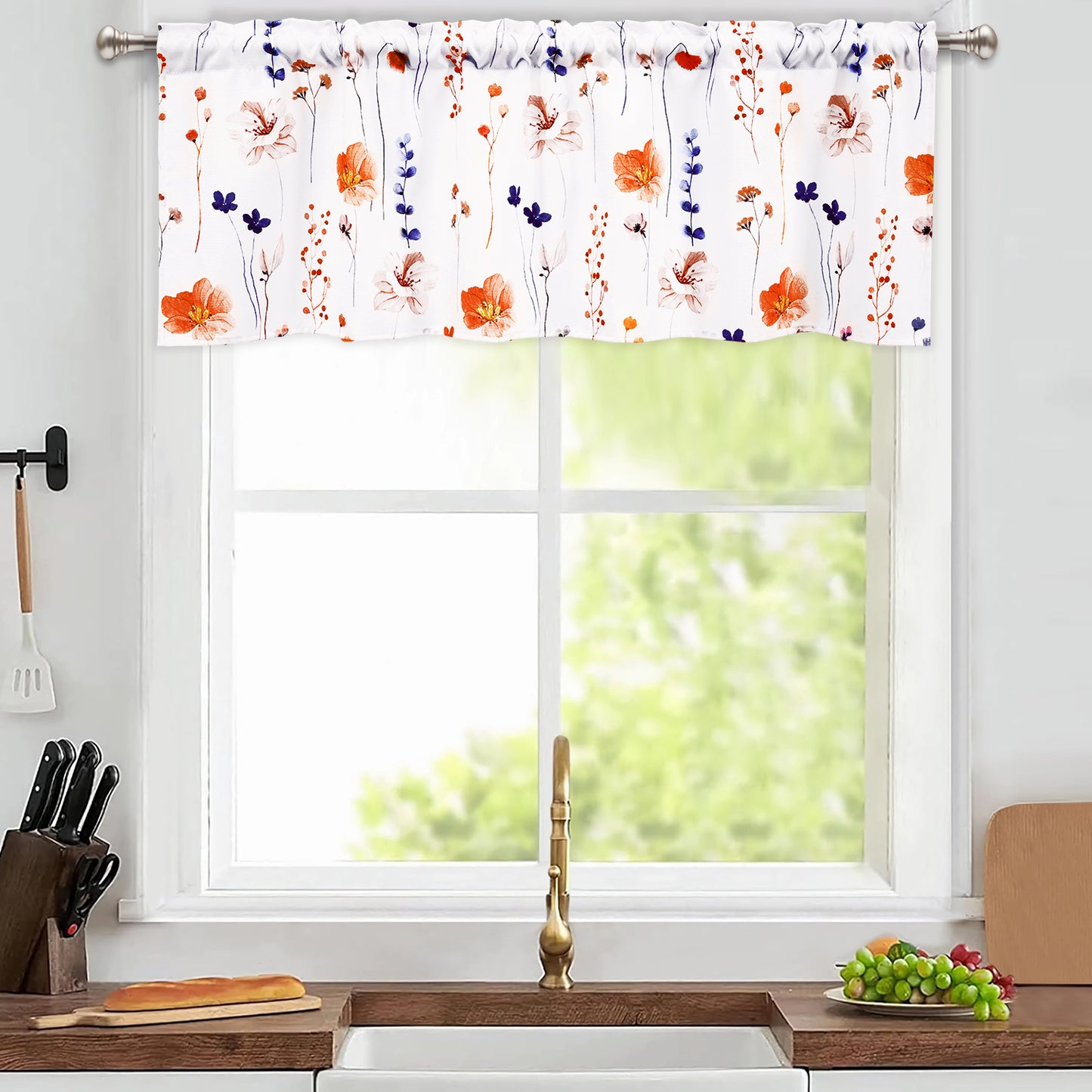 Alishomtll Floral Valance Curtains Kitchen Orange Wildflower Flower Leaf Windows Drapes,52 x 18 inch,Rod Pocket
