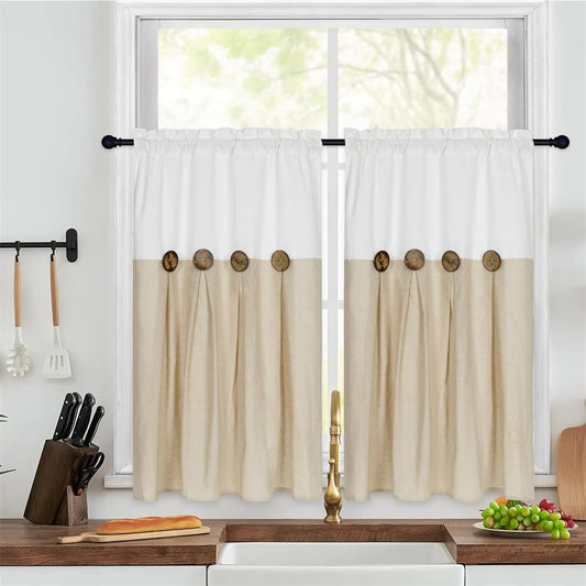 Alishomtll Linen Kitchen Curtains 36 inch Farmhouse Boho Button Light Filtering Window Drapes,Rod Pocket,36"L x 26"W, 2 Panel,Linen White
