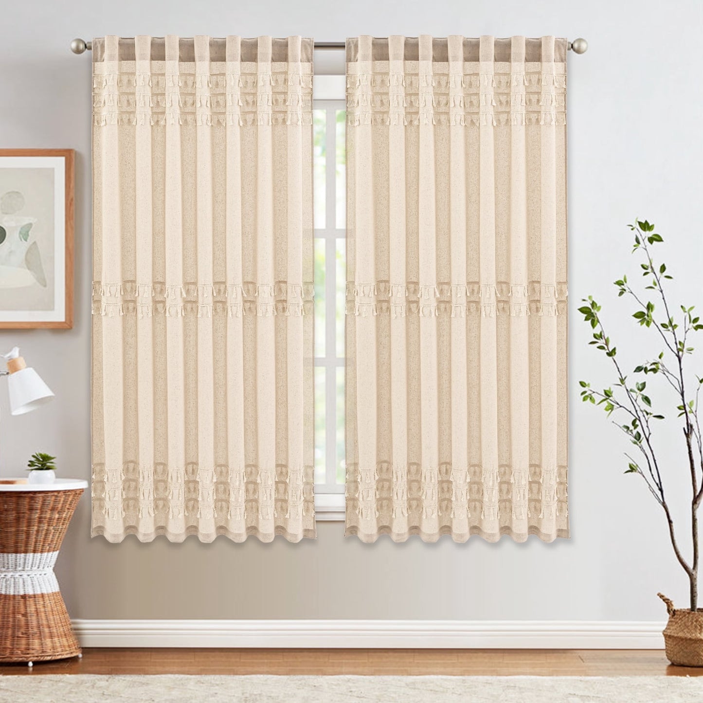 Alishomtll Boho Curtains for Living Room Semi Blackout Curtains with 8 Tassel Window Drapes Back Tab ,Natural，52"Wx63"L，2 Panels
