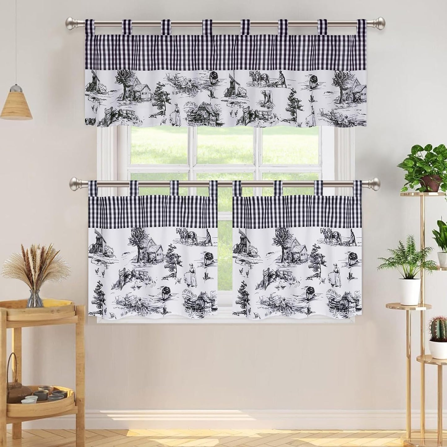 Alishomtll Linen Toile Tier Curtains for Kitchen Buffalo Plaid Short Window Curtain Sets ,Black and White