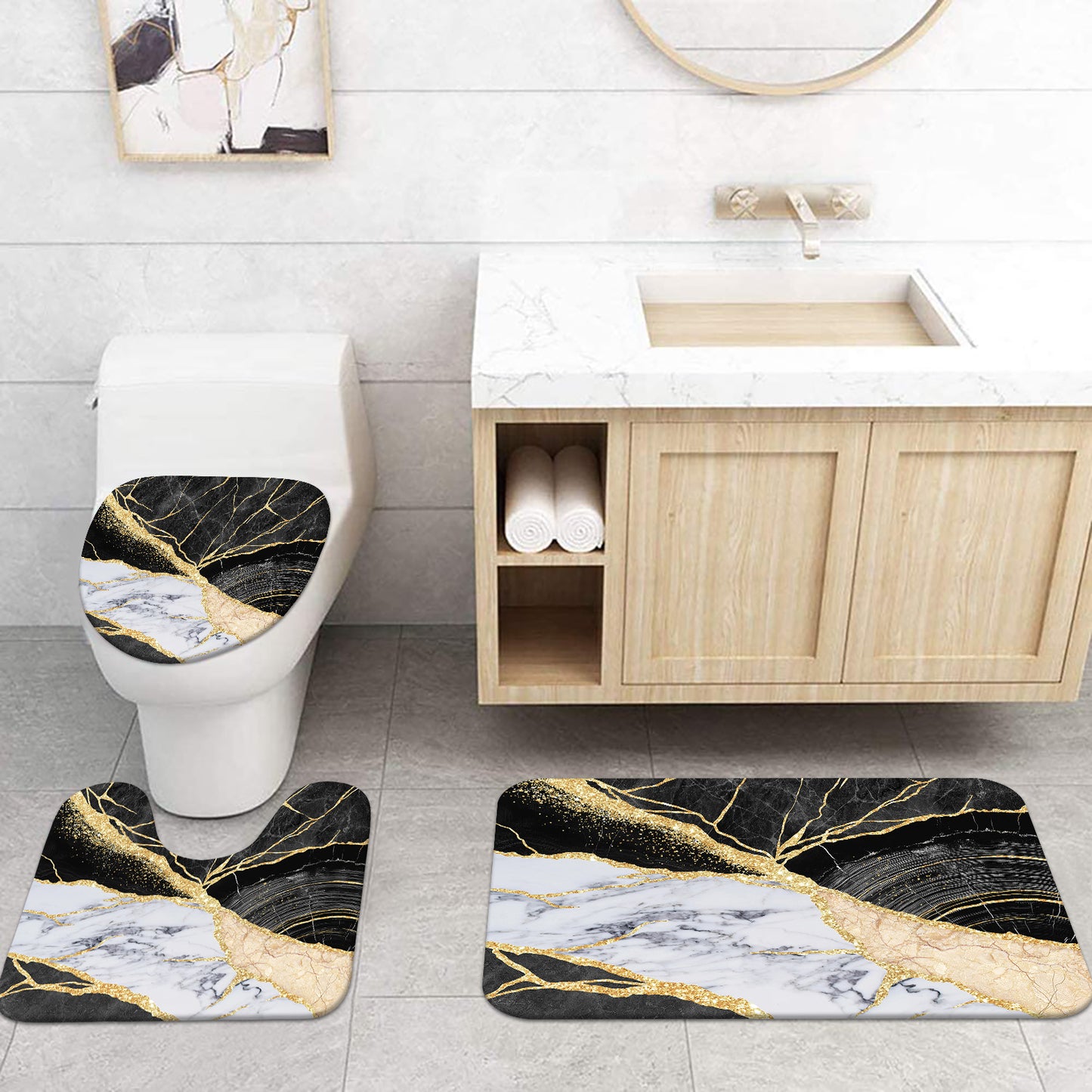 FRAMICS Black Gold Marble Shower Curtain and Rug Sets, 16 Pc Modern Bathroom Sets, Waterproof Fabric Shower Curtain with 12 Hooks and Toilet Rugs