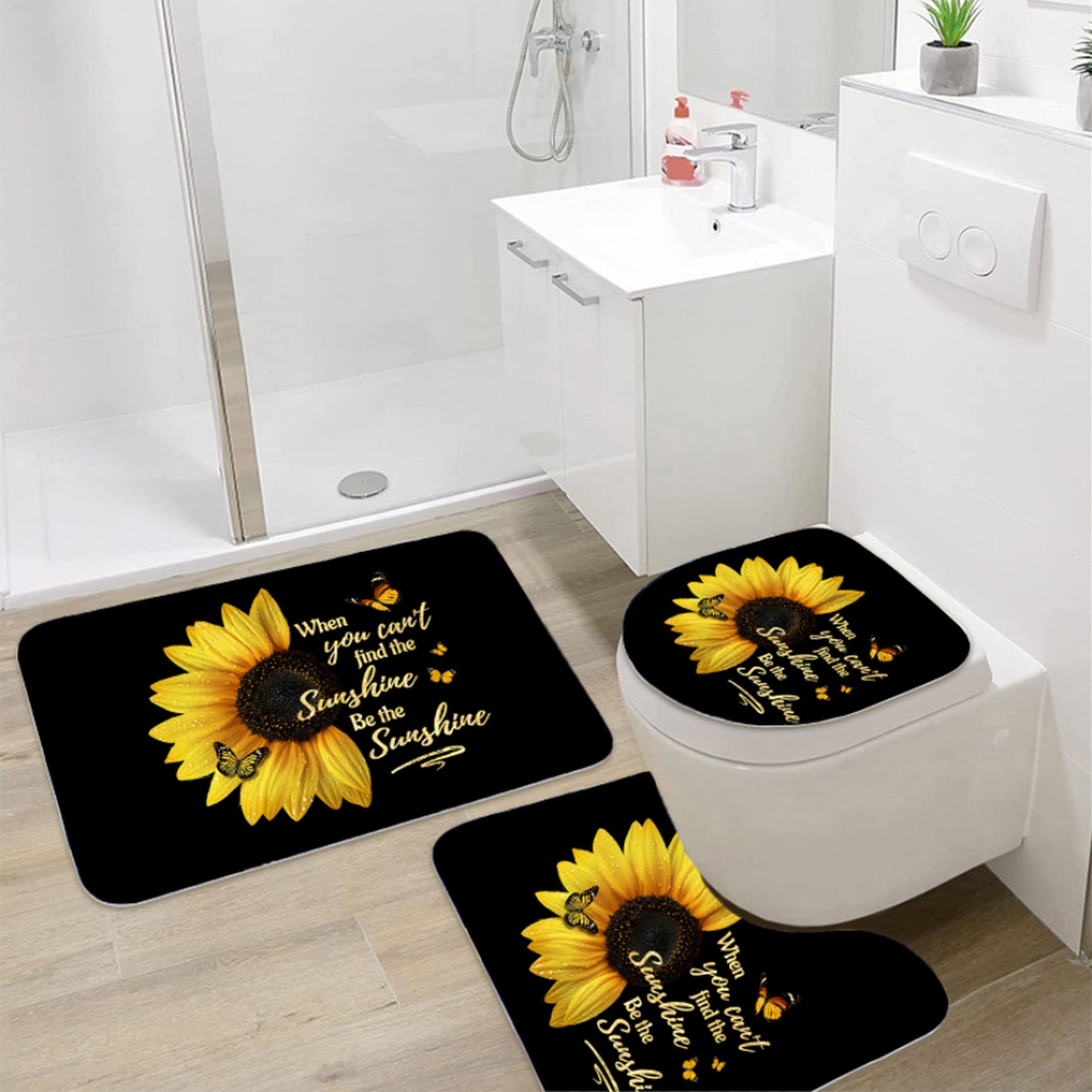 FRAMICS 16 Pc Sunflower Butterfly Shower Curtain and Rug Sets, Flower Quotes Bathroom Sets, Black Waterproof Fabric Shower Curtain with 12 Hooks and Toilet Rugs